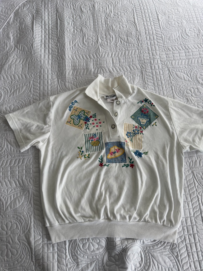 Vintage White Short-Sleeve Floral Patchwork Garden Top L Cottage Core Spring